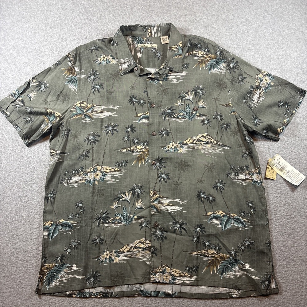 Batik Bay Men Shirt XL Green Palm Trees Collared Short Sleeve Hawaiian Rayon